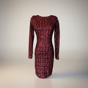 Burgundy Sequin Open Back Mini Dress Long Sleeve S